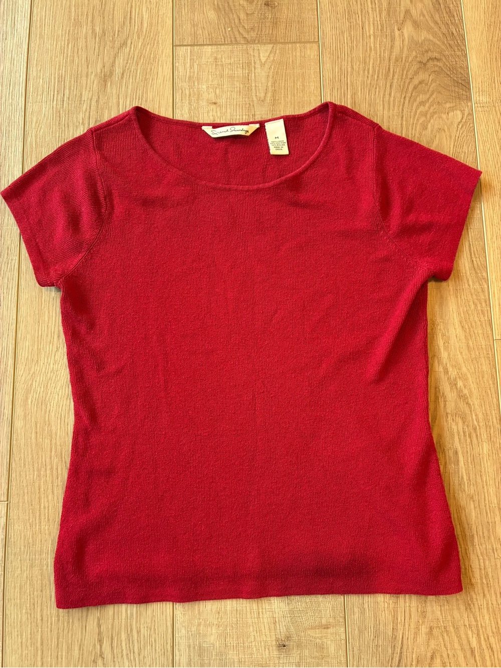 French Laundry linen blend red short sleeve shirt fitted round neck festive M